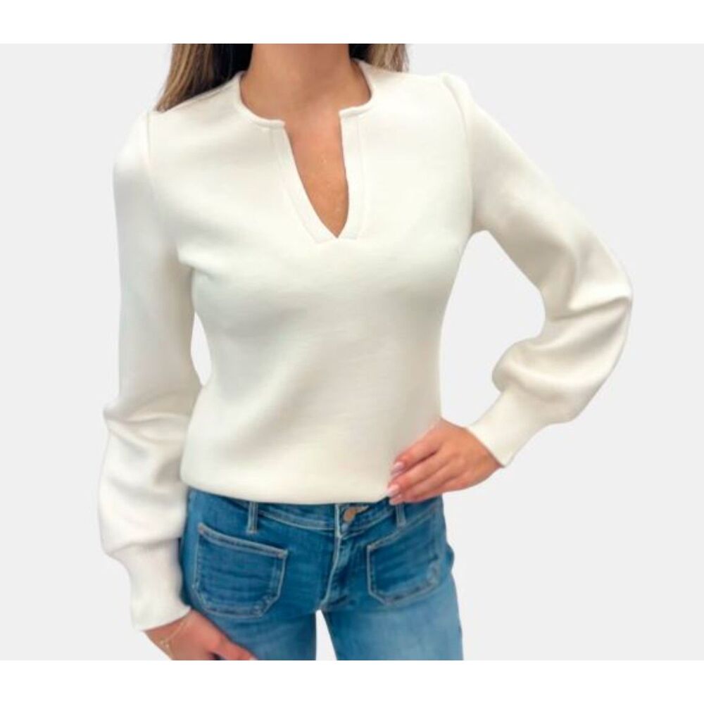 dh New York Women's Neoprene Long Sleeve V neck Leandra Top White NWT 145